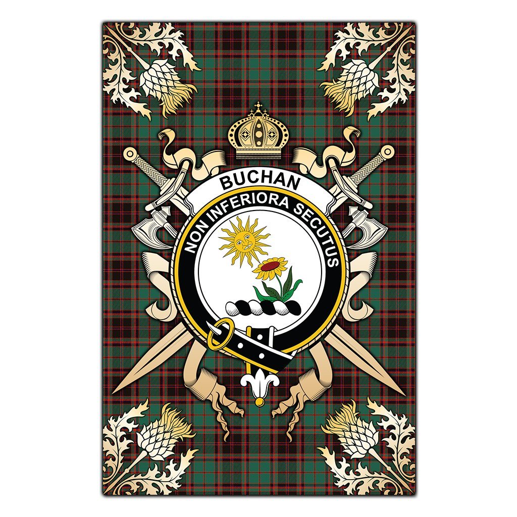 Buchan Ancient Tartan Crest Black Garden Flag - Gold Thistle Style