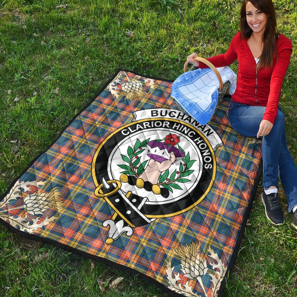 Buchanan Ancient Tartan Crest Premium Quilt - Gold Thistle Style