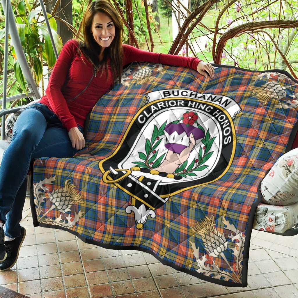 Buchanan Ancient Tartan Crest Premium Quilt - Gold Thistle Style