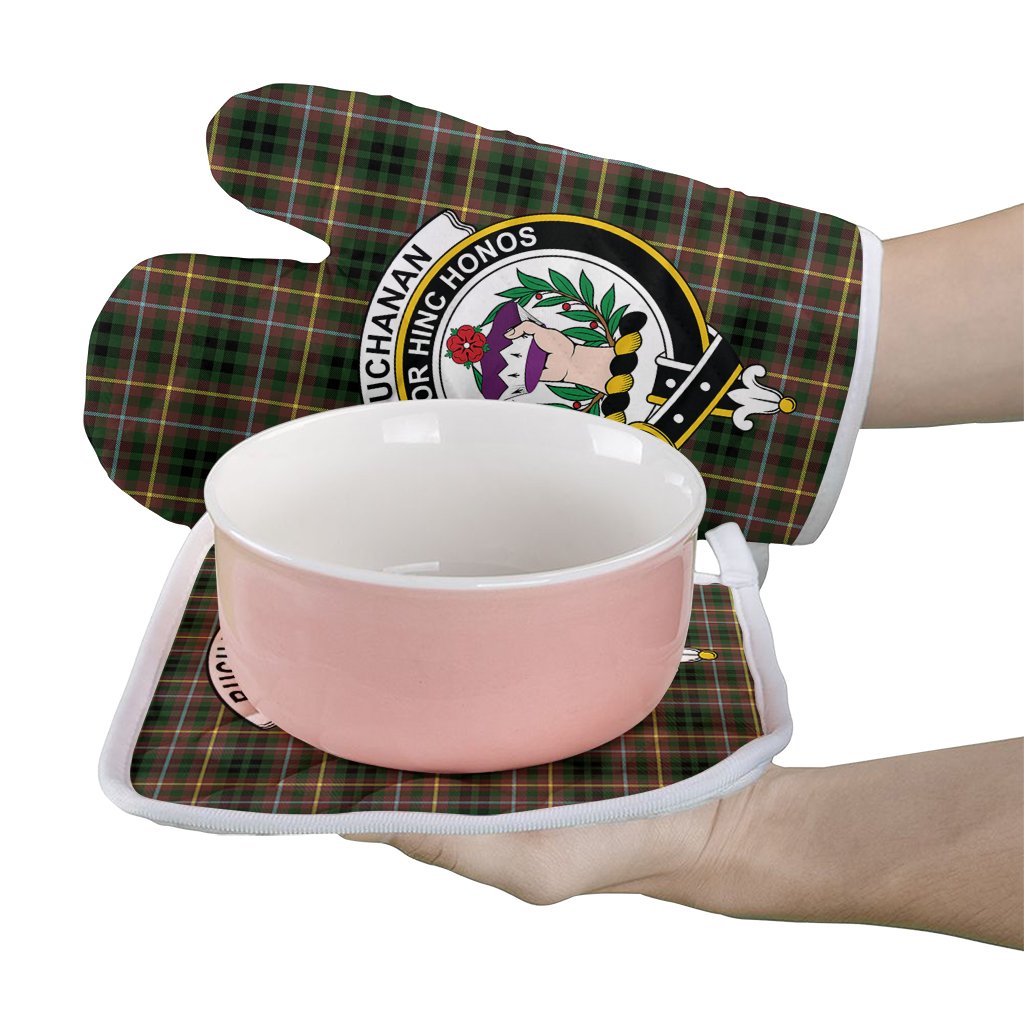 Buchanan Hunting Tartan Crest Oven Mitt And Pot Holder (2 Oven Mitts + 1 Pot Holder)