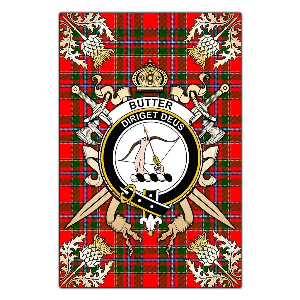 Butter Tartan Crest Black Garden Flag - Gold Thistle Style