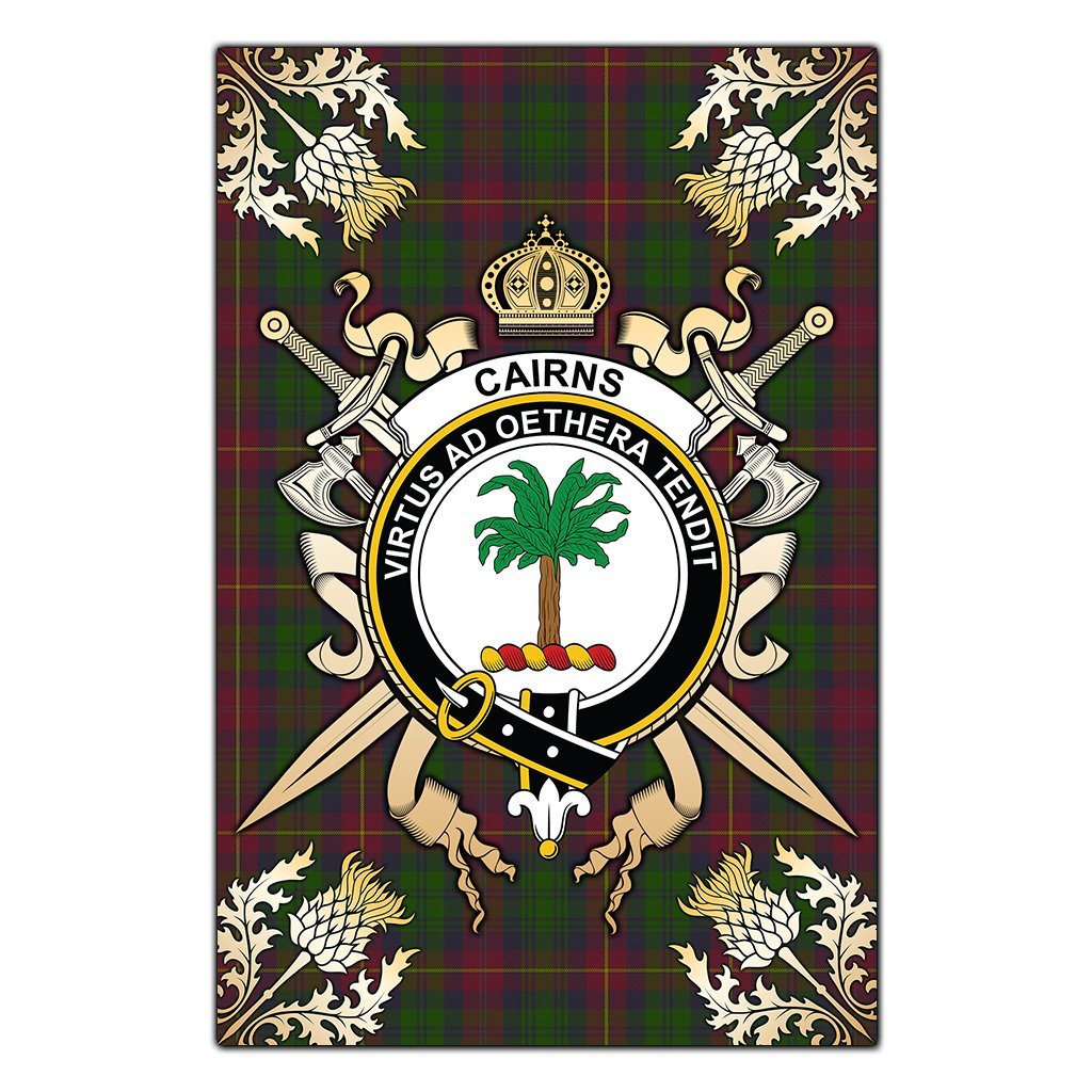 Cairns Tartan Crest Black Garden Flag - Gold Thistle Style