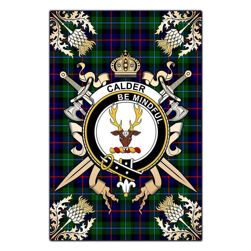 Calder Modern Tartan Crest Black Garden Flag - Gold Thistle Style