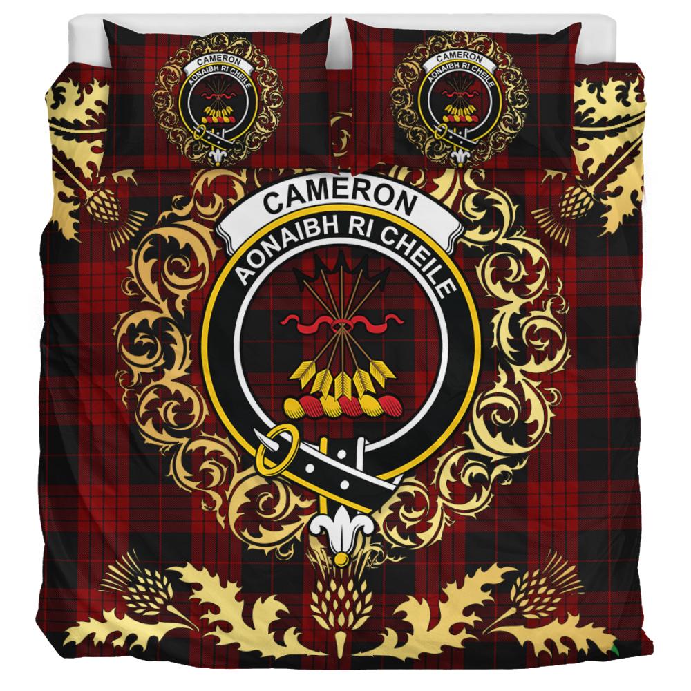 Cameron Black and Red Tartan Crest Bedding Set - Golden Thistle Style