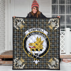 Campbell Argyll Weathered Tartan Crest Premium Quilt - Gold Thistle Style