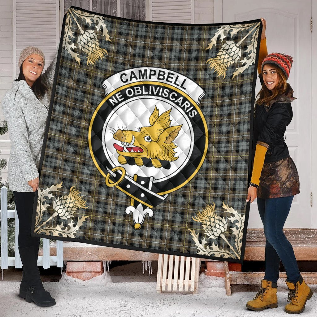 Campbell Argyll Weathered Tartan Crest Premium Quilt - Gold Thistle Style