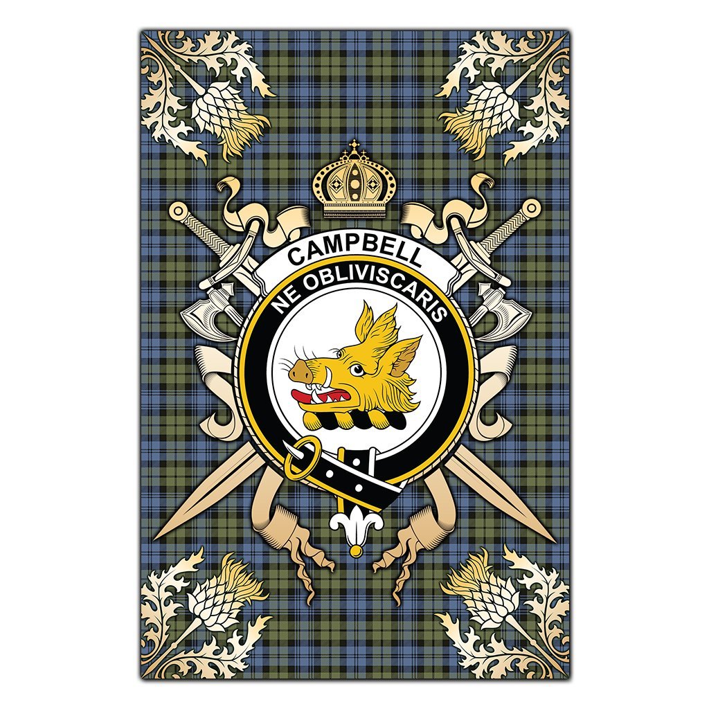 Campbell Faded Tartan Crest Black Garden Flag - Gold Thistle Style