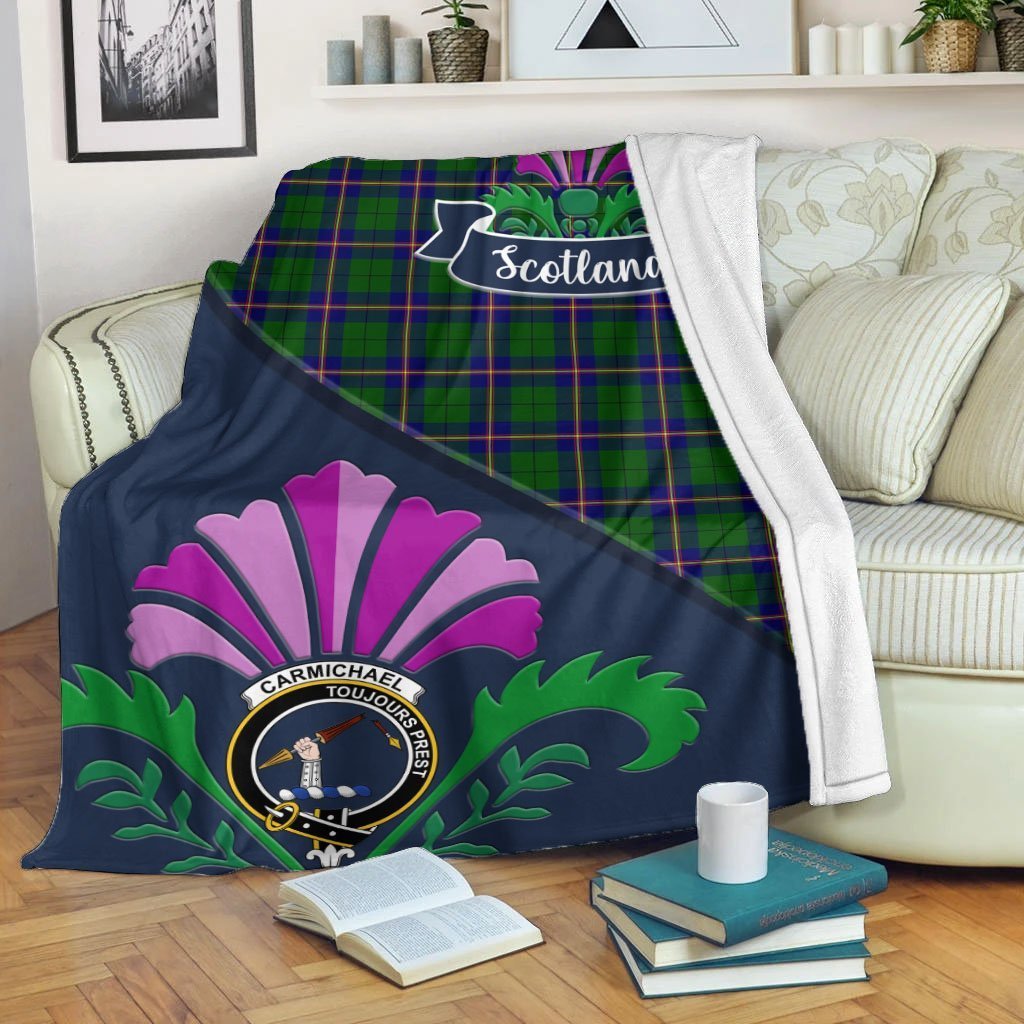 Carmichael Tartan Crest Premium Blanket - Thistle Style