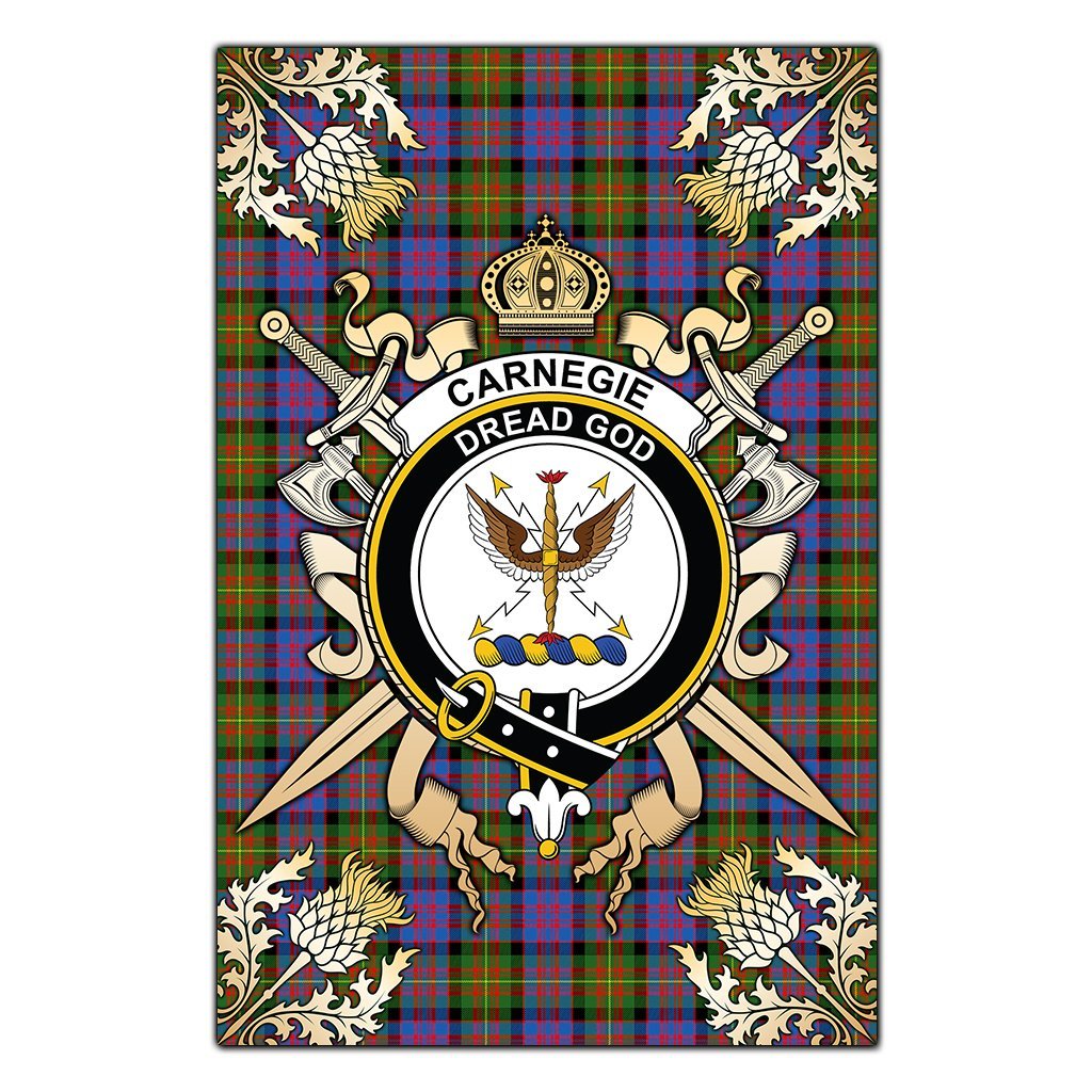 Carnegie Ancient Tartan Crest Black Garden Flag - Gold Thistle Style