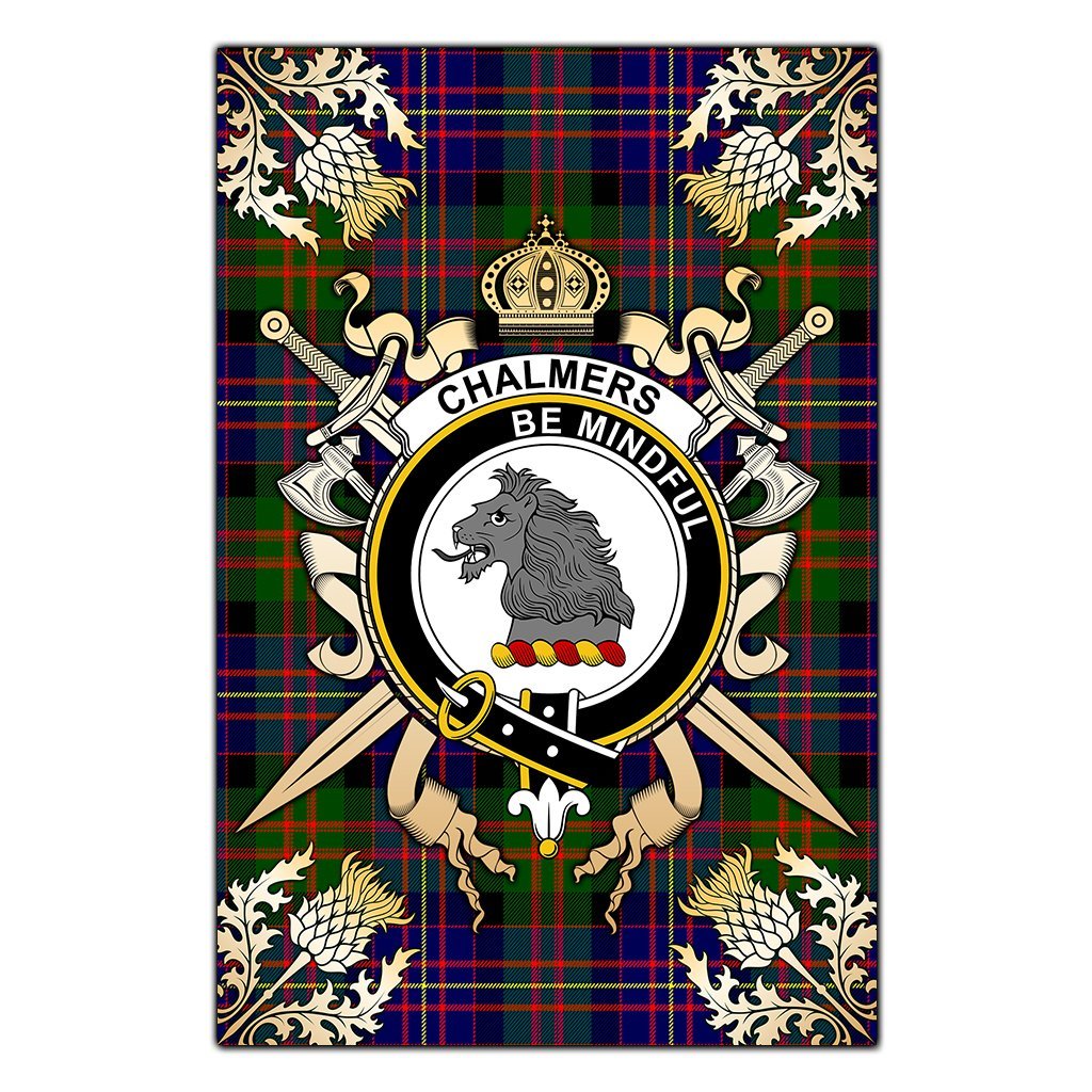 Chalmers Modern Tartan Crest Black Garden Flag - Gold Thistle Style