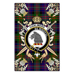 Chalmers Modern Tartan Crest Black Garden Flag - Gold Thistle Style