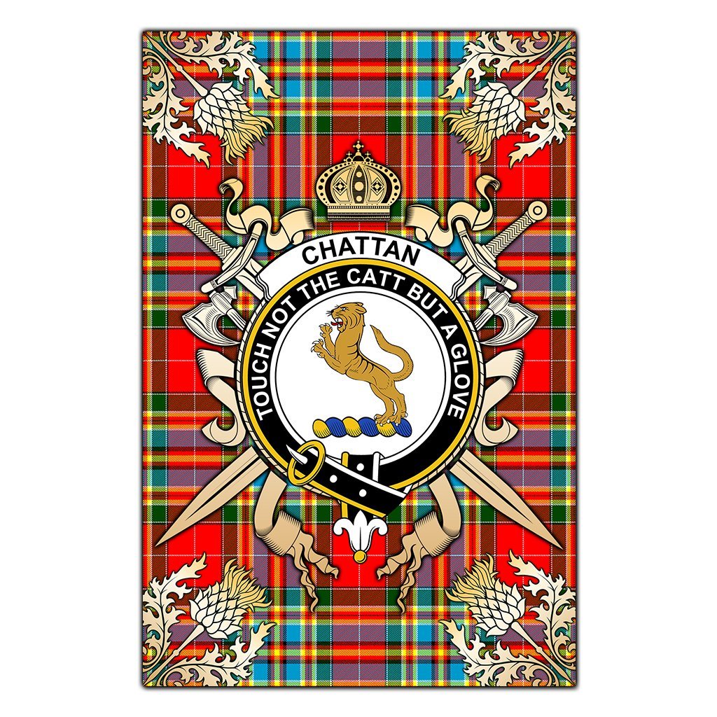 Chattan Tartan Crest Black Garden Flag - Gold Thistle Style