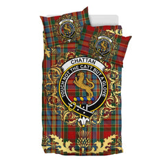 Chattan (brown stripe) Tartan Crest Bedding Set - Golden Thistle Style