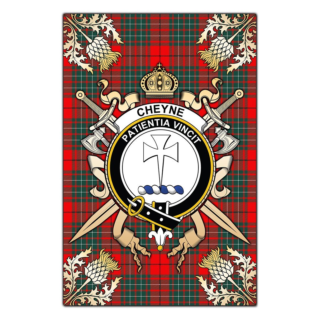 Cheyne Tartan Crest Black Garden Flag - Gold Thistle Style