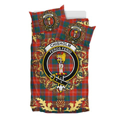 Chisholm Ancient Tartan Crest Bedding Set - Golden Thistle Style