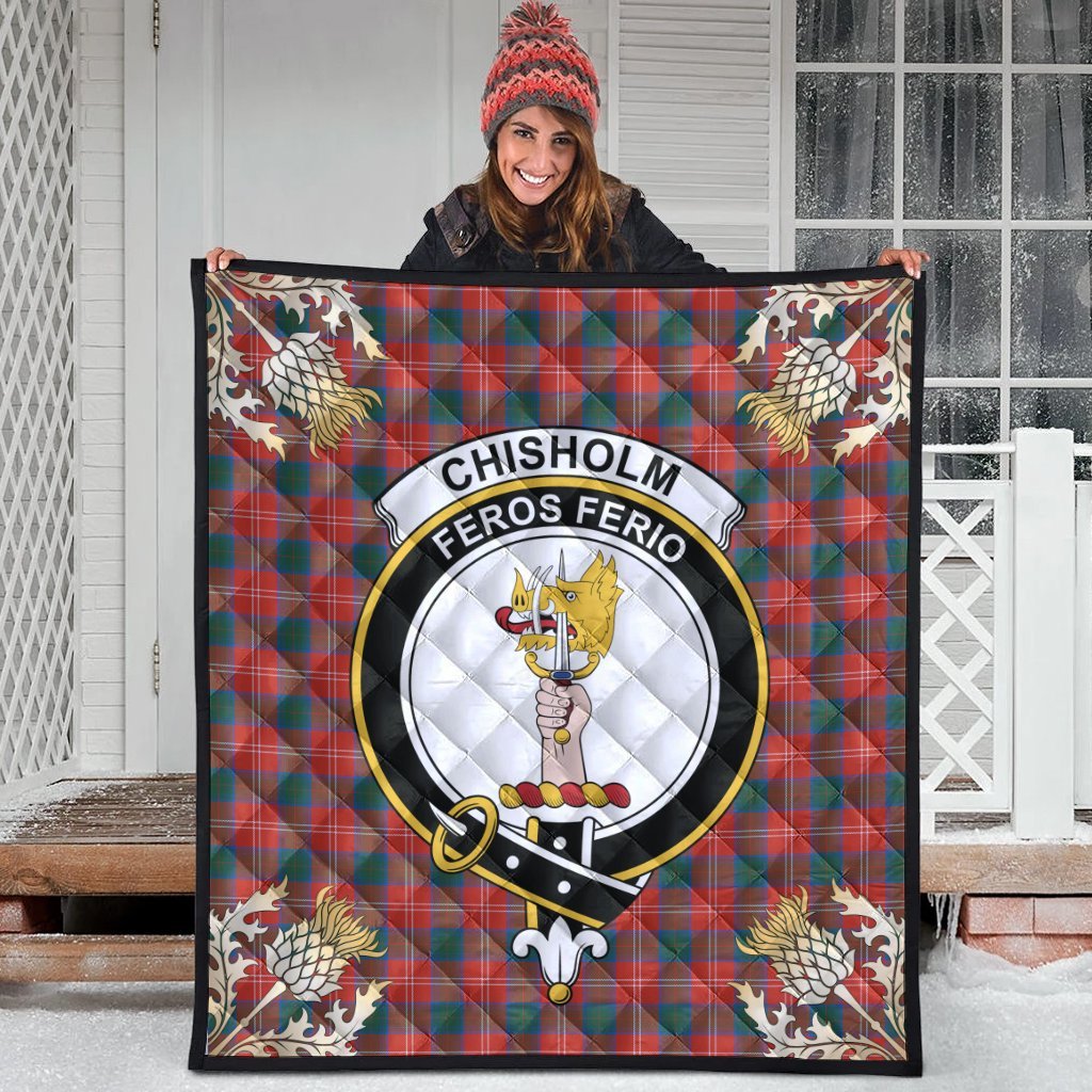 Chisholm Ancient Tartan Crest Premium Quilt - Gold Thistle Style