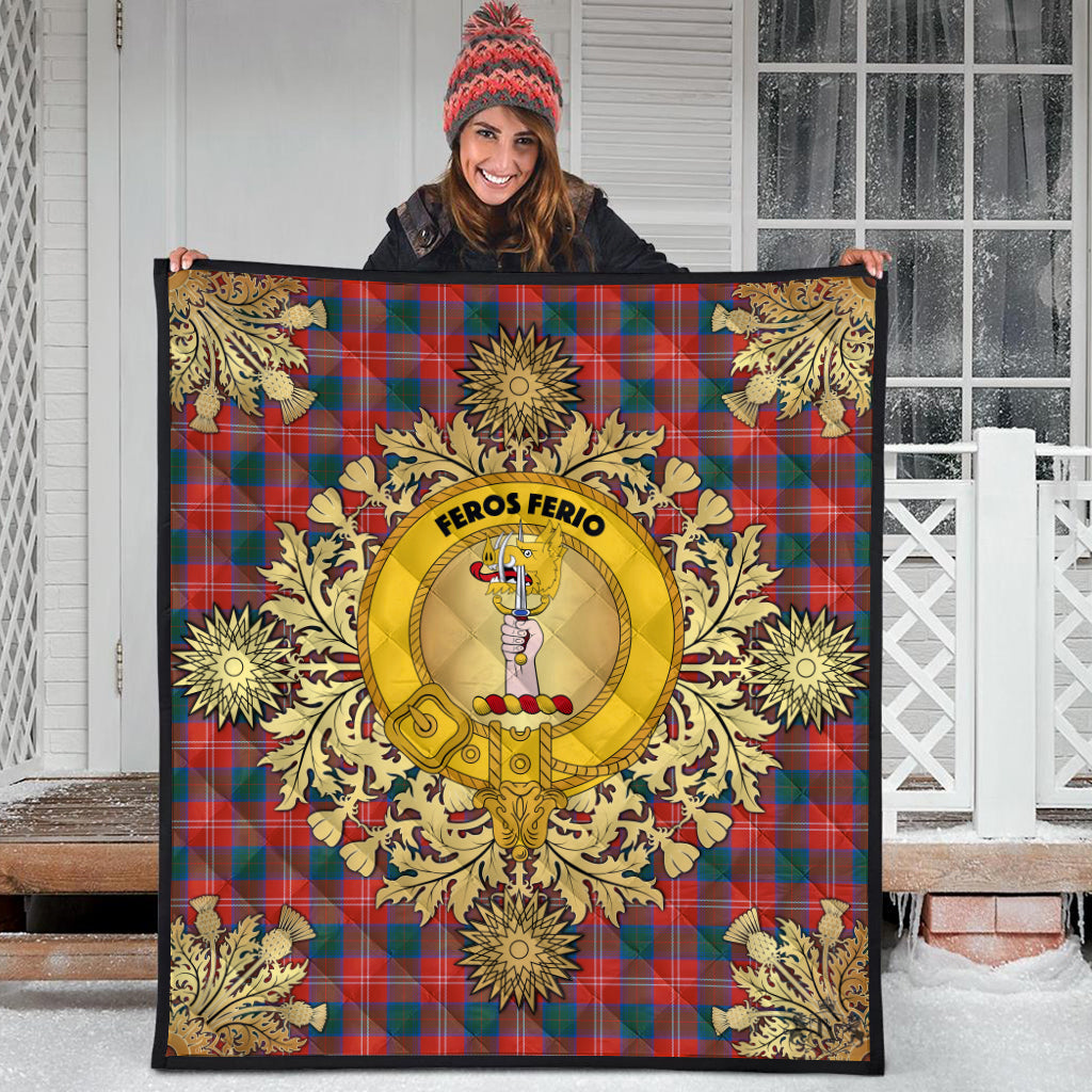 Chisholm Ancient Tartan Crest Premium Quilt - Gold Thistle Style