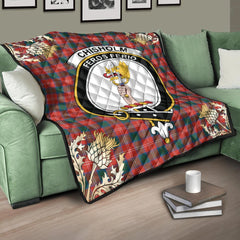 Chisholm Ancient Tartan Crest Premium Quilt - Gold Thistle Style