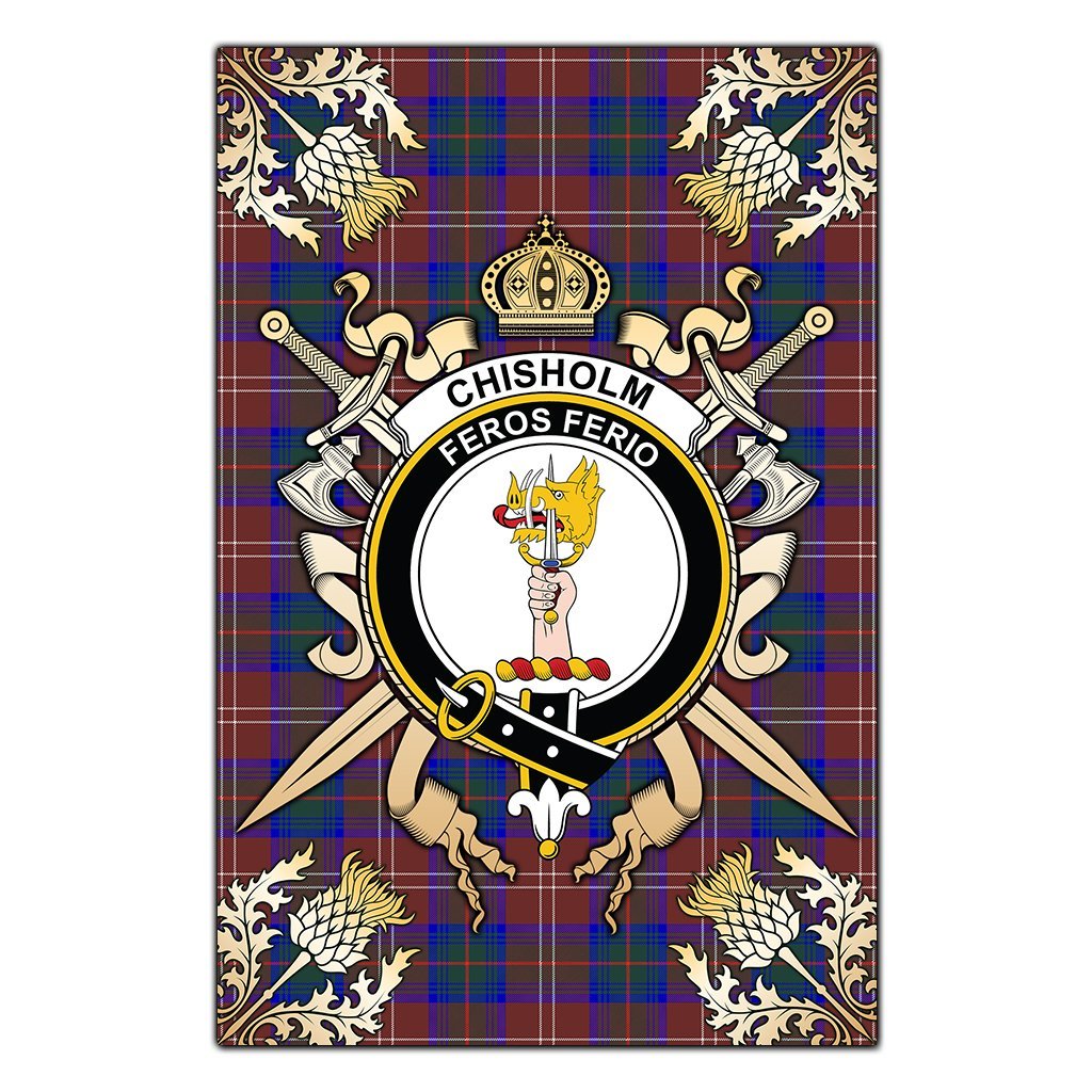 Chisholm Hunting Modern Tartan Crest Black Garden Flag - Gold Thistle Style