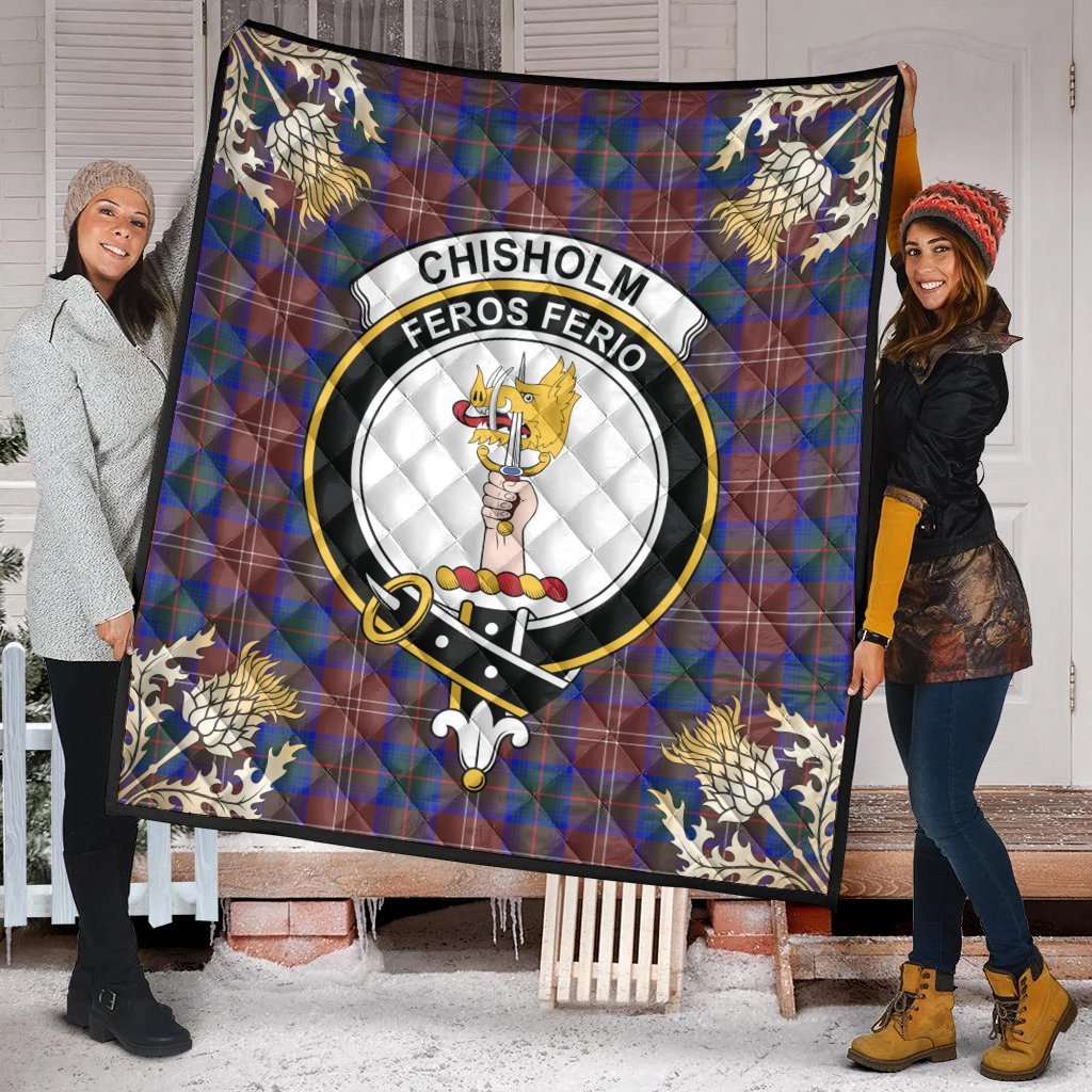 Chisholm Hunting Modern Tartan Crest Premium Quilt - Gold Thistle Style