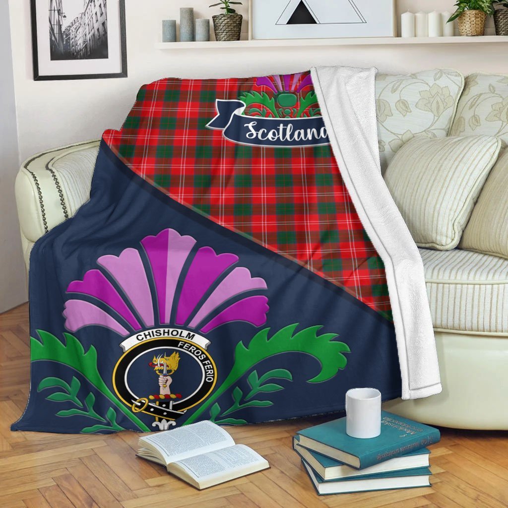 Chisholm Tartan Crest Premium Blanket - Thistle Style