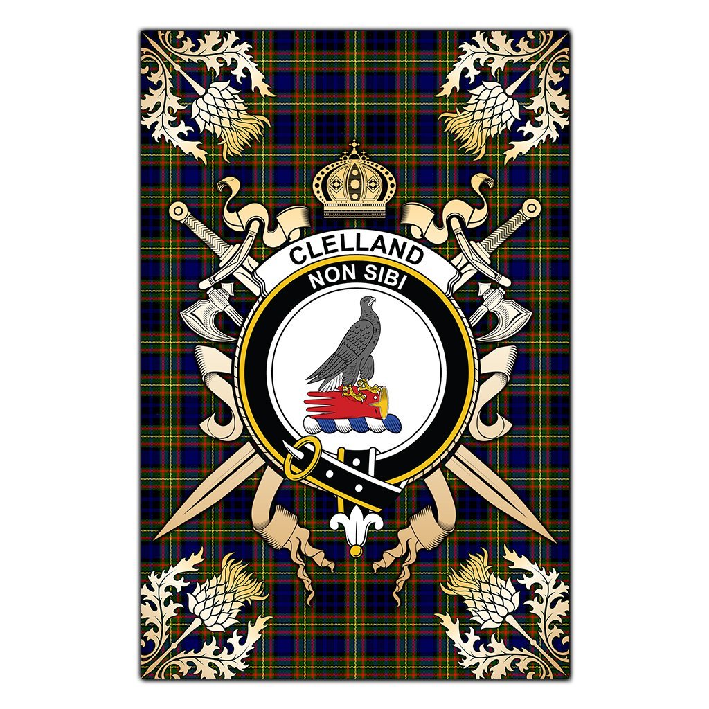 Clelland Modern Tartan Crest Black Garden Flag - Gold Thistle Style