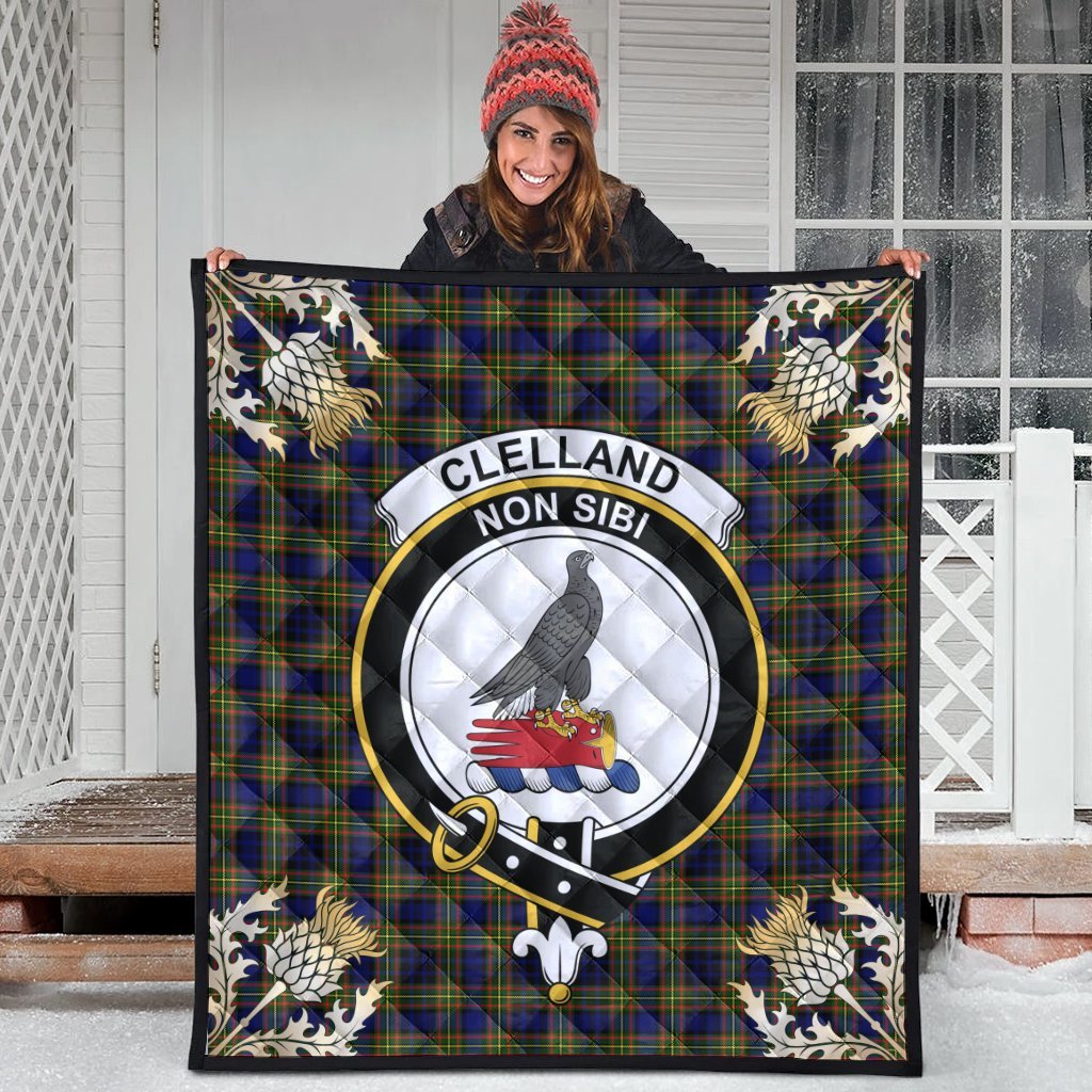 Clelland Modern Tartan Crest Premium Quilt - Gold Thistle Style