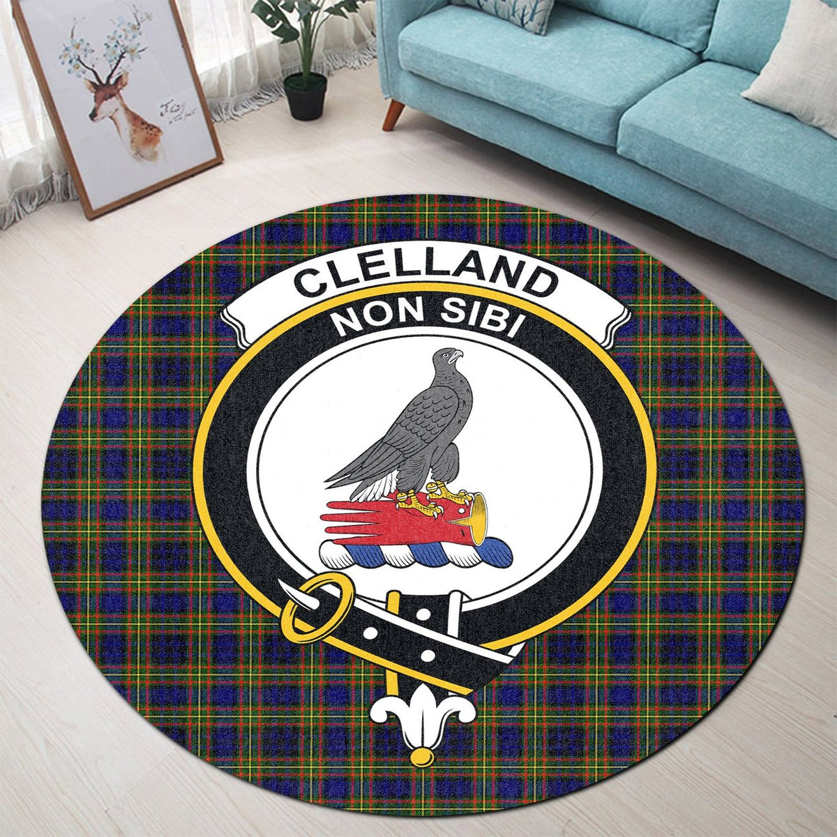 Clelland Modern Tartan Crest Round Rug