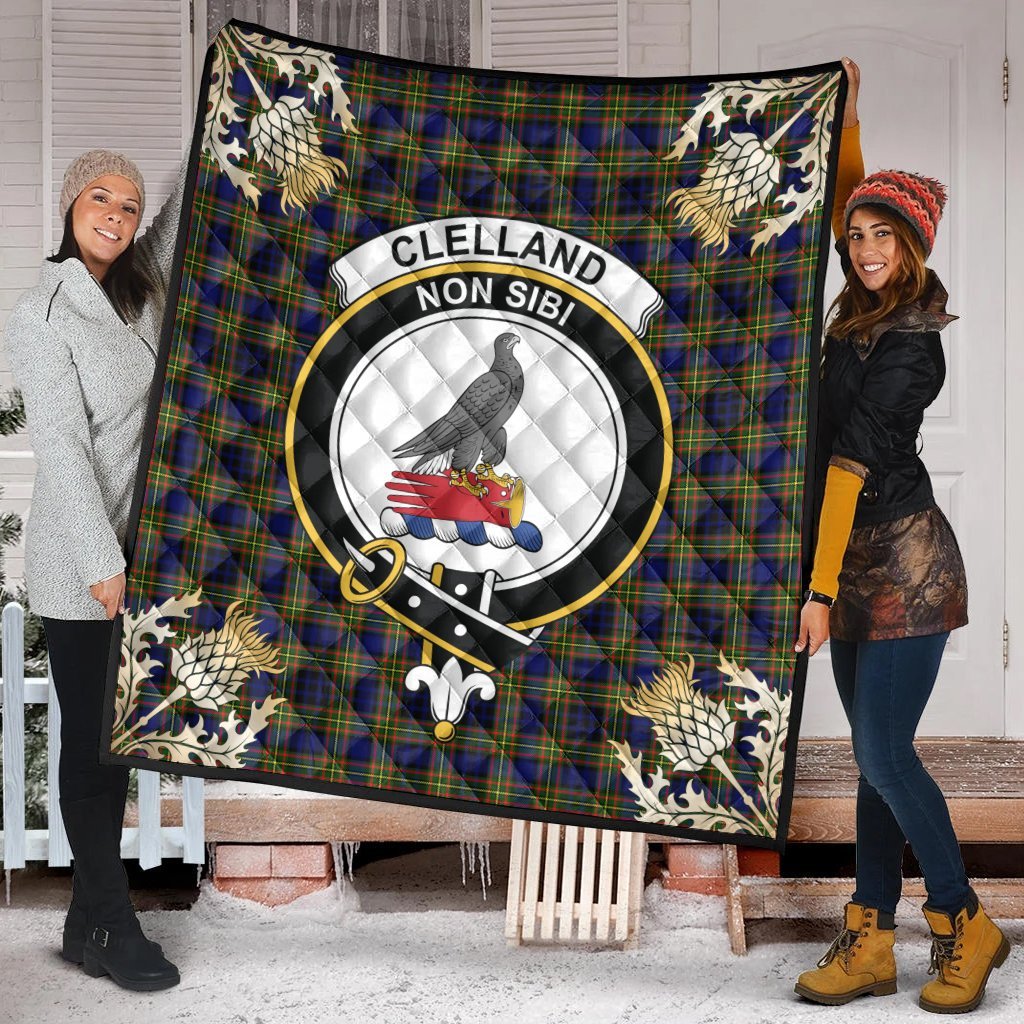 Clelland Modern Tartan Crest Premium Quilt - Gold Thistle Style