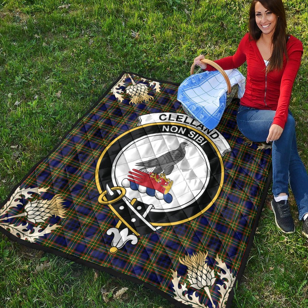 Clelland Modern Tartan Crest Premium Quilt - Gold Thistle Style