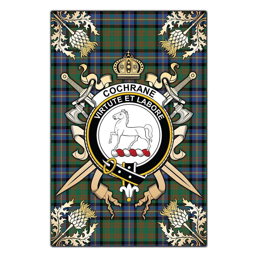 Cochrane Ancient Tartan Crest Black Garden Flag - Gold Thistle Style