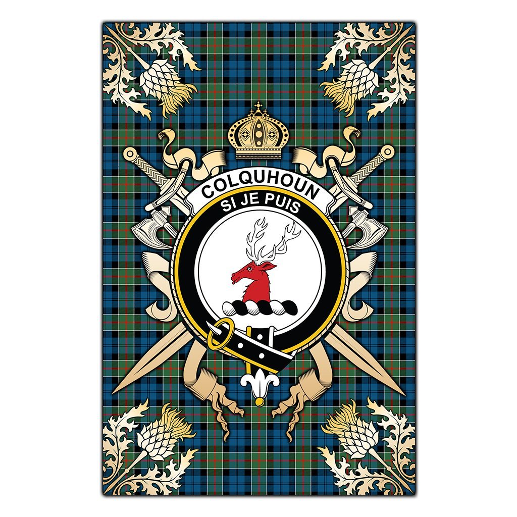 Colquhoun Ancient Tartan Crest Black Garden Flag - Gold Thistle Style