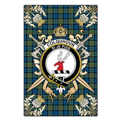 Colquhoun Ancient Tartan Crest Black Garden Flag - Gold Thistle Style