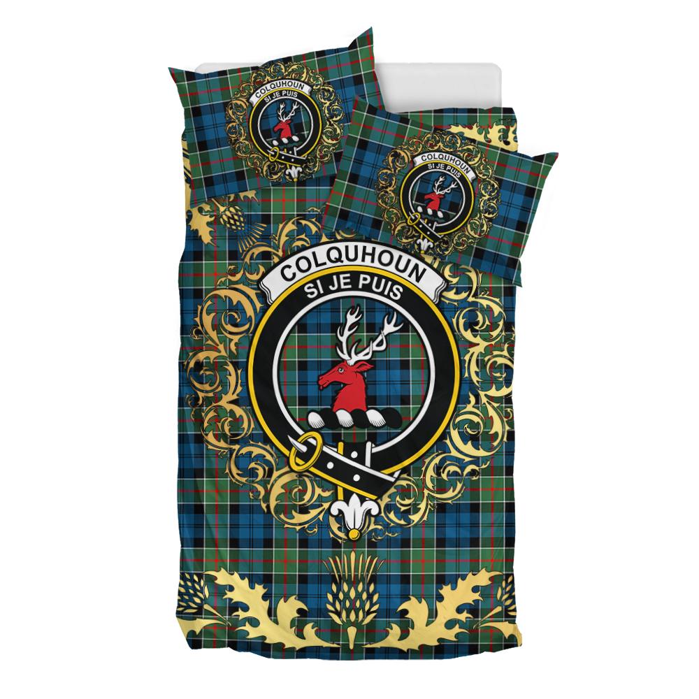 Colquhoun Ancient Tartan Crest Bedding Set - Golden Thistle Style