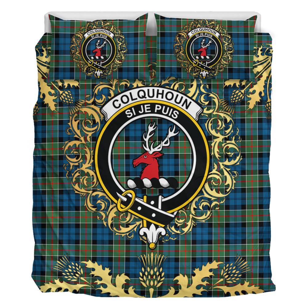 Colquhoun Ancient Tartan Crest Bedding Set - Golden Thistle Style