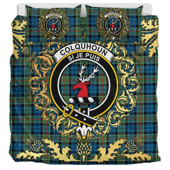 Colquhoun Ancient Tartan Crest Bedding Set - Golden Thistle Style