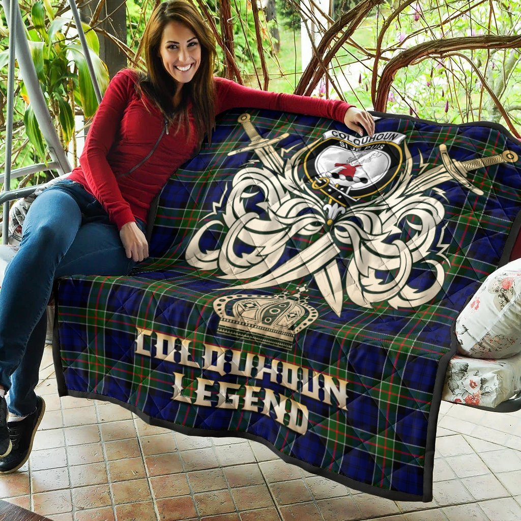 Colquhoun Modern Tartan Crest Legend Gold Royal Premium Quilt