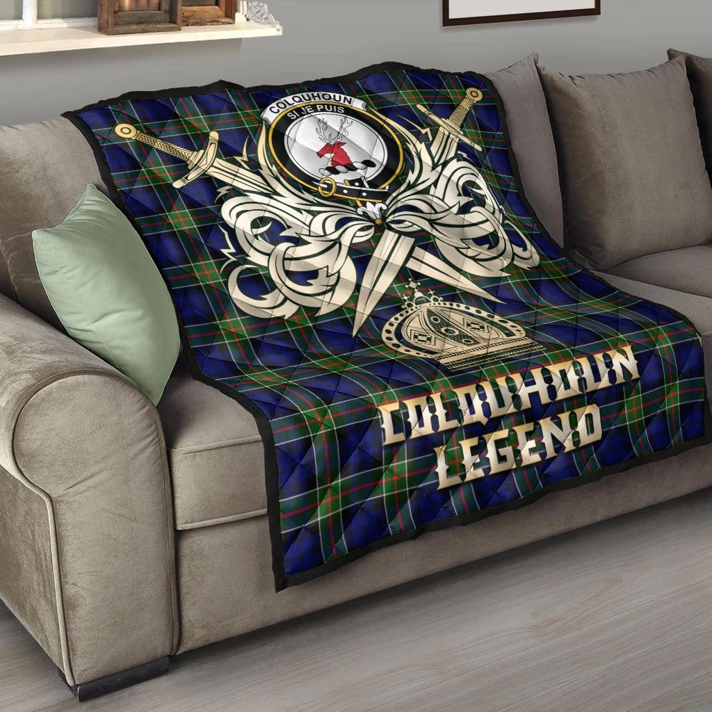 Colquhoun Modern Tartan Crest Legend Gold Royal Premium Quilt