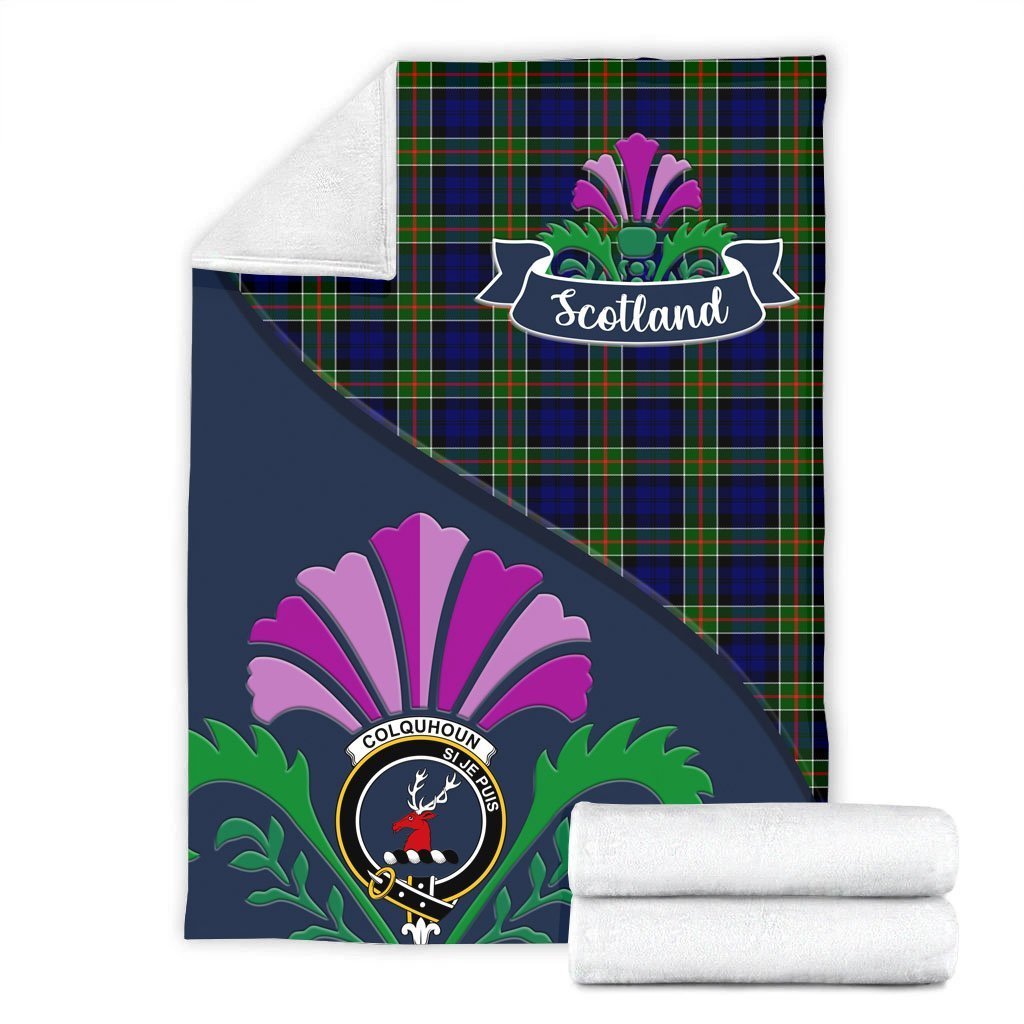 Colquhoun Tartan Crest Premium Blanket - Thistle Style