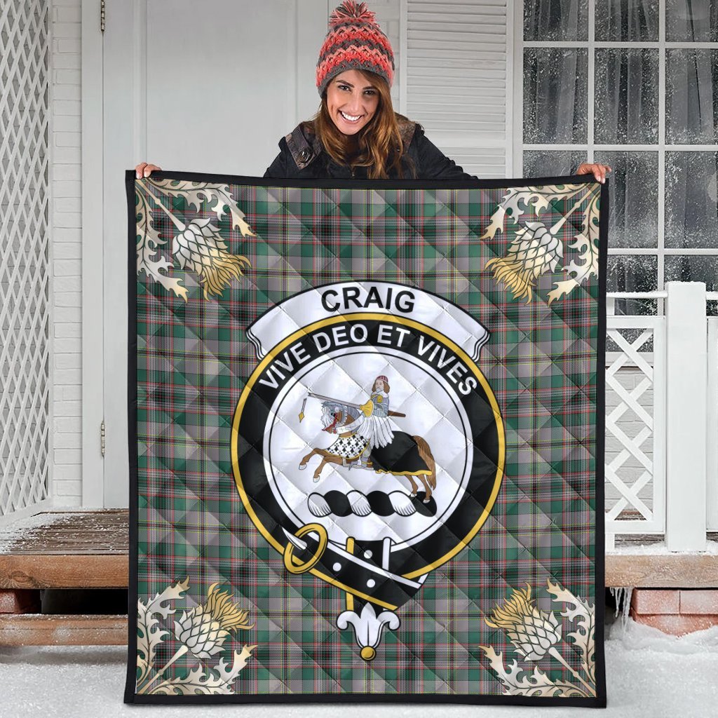 Craig Ancient Tartan Crest Premium Quilt - Gold Thistle Style