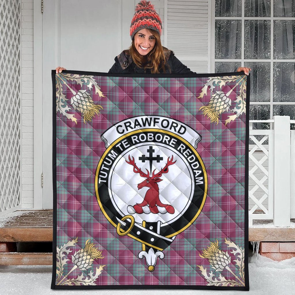 Crawford Ancient Tartan Crest Premium Quilt - Gold Thistle Style