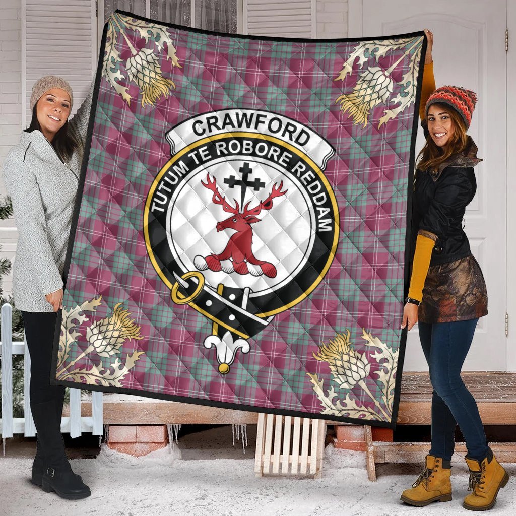 Crawford Ancient Tartan Crest Premium Quilt - Gold Thistle Style