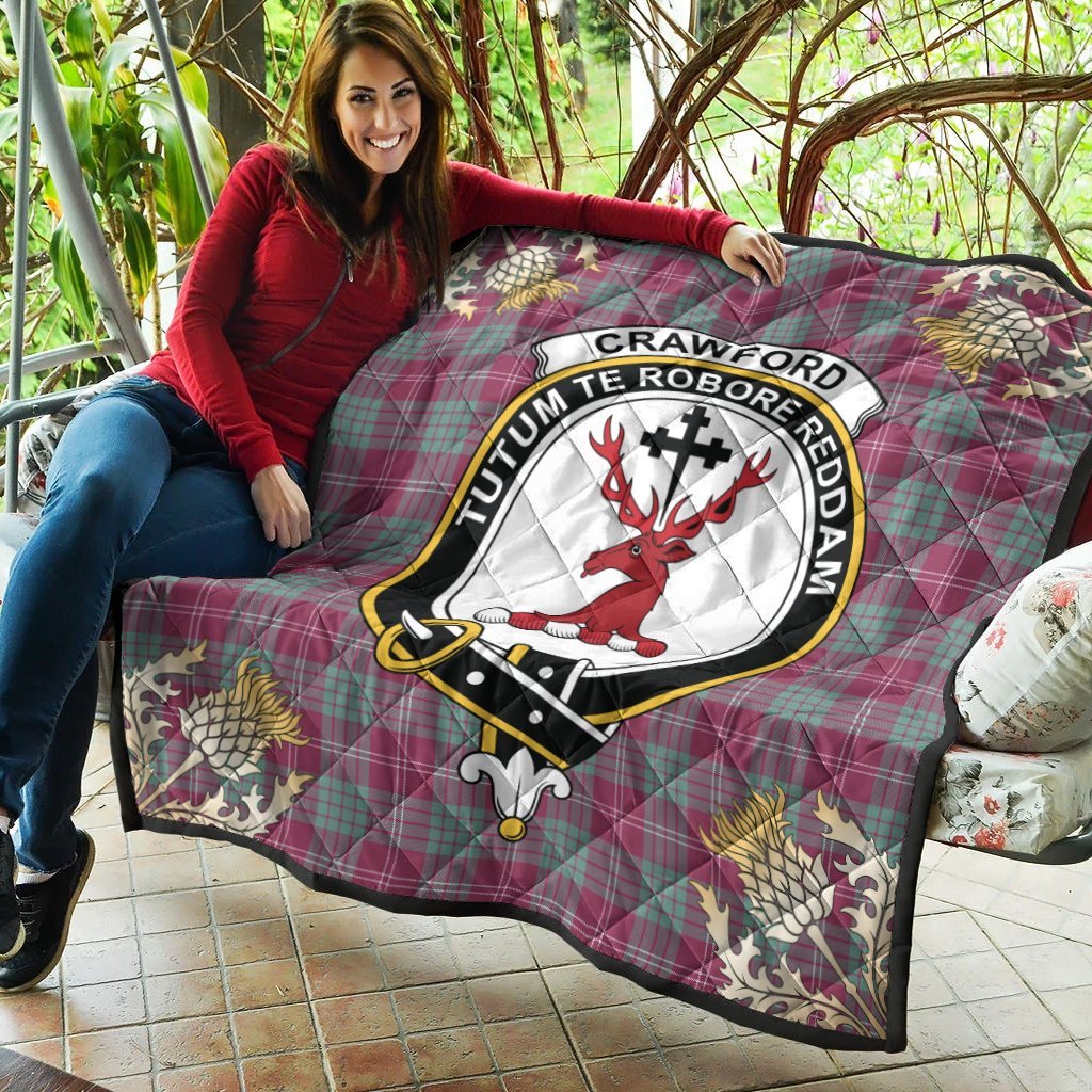 Crawford Ancient Tartan Crest Premium Quilt - Gold Thistle Style