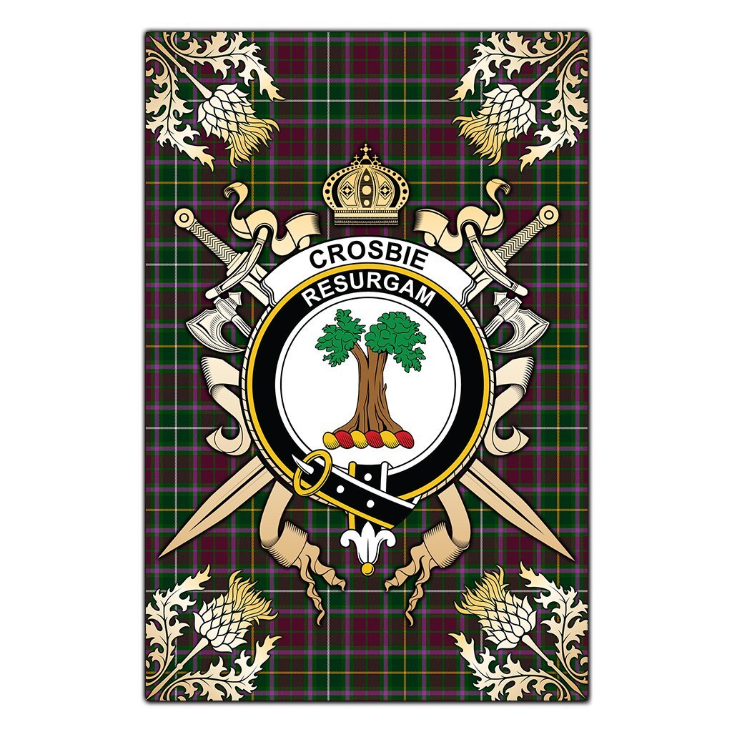 Crosbie Tartan Crest Black Garden Flag - Gold Thistle Style