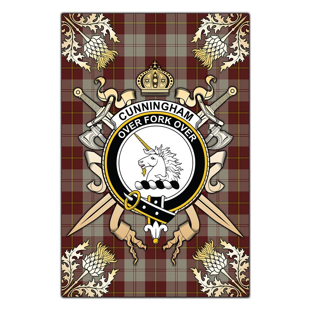 Cunningham Burgundy Dancers Tartan Crest Black Garden Flag - Gold Thistle Style