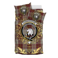 Cunningham Burgundy Dancers Tartan Crest Bedding Set - Golden Thistle Style