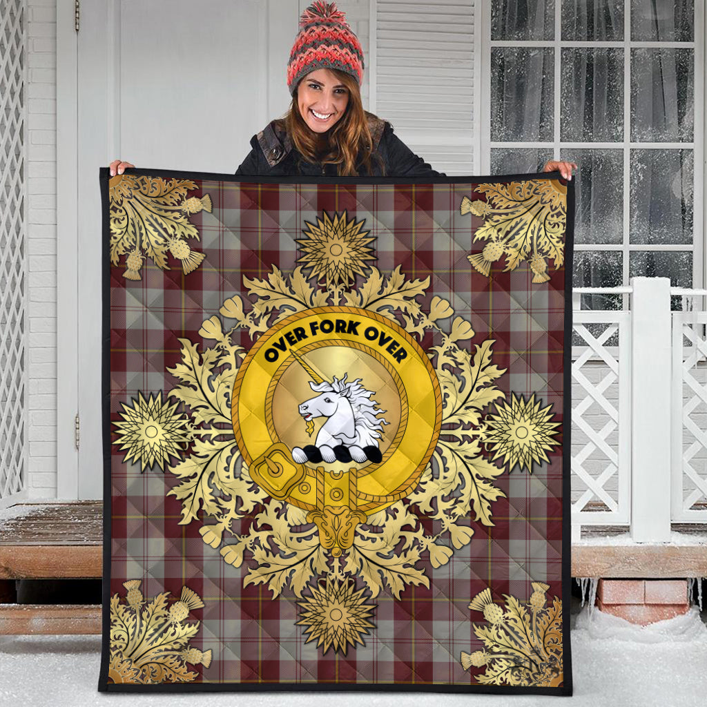 Cunningham Burgundy Dancers Tartan Crest Premium Quilt - Gold Thistle Style