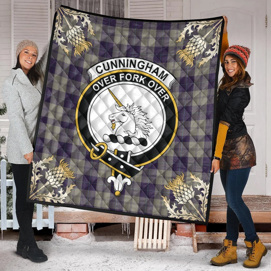 Cunningham Dress Blue Dancers Tartan Crest Premium Quilt - Gold Thistle Style