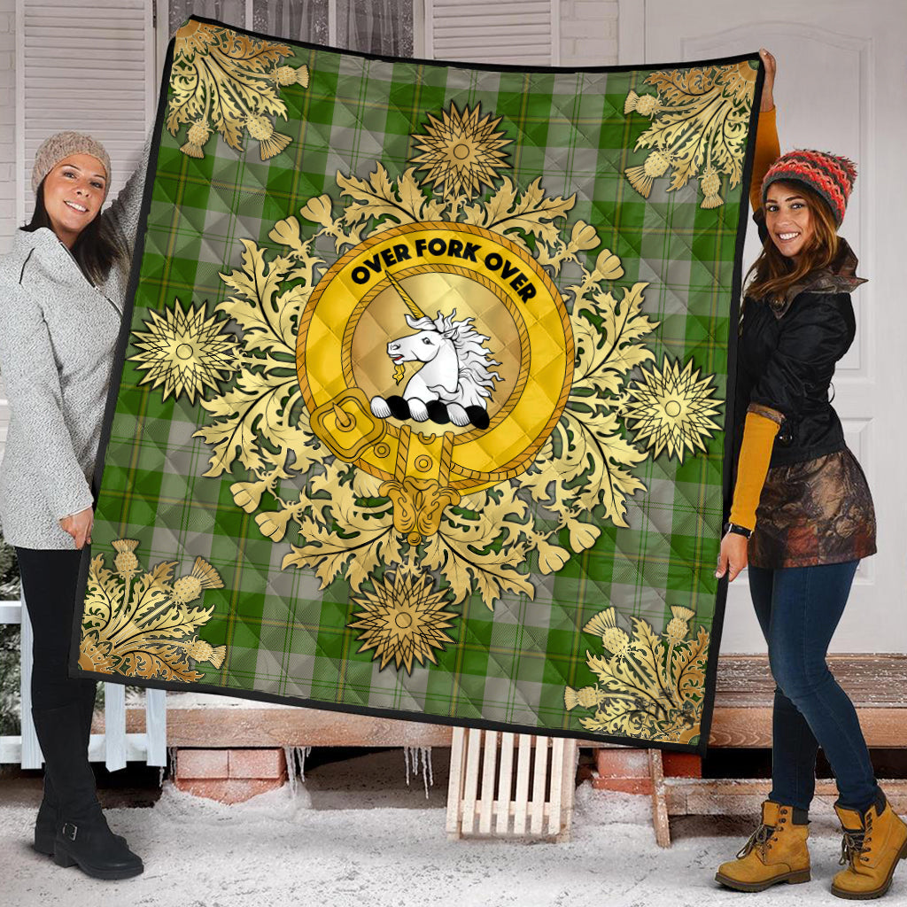 Cunningham Dress Green Dancers Tartan Crest Premium Quilt - Gold Thistle Style