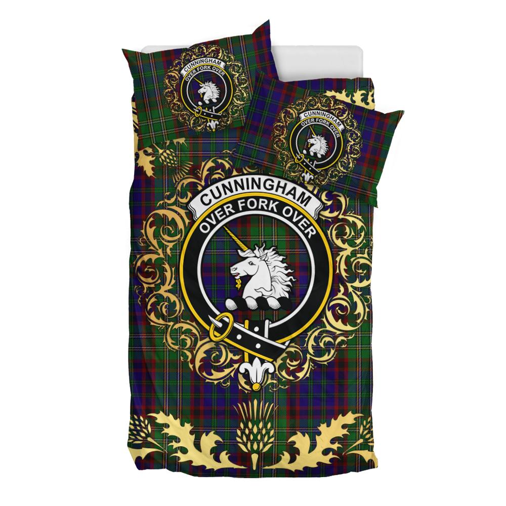 Cunningham Hunting Tartan Crest Bedding Set - Golden Thistle Style